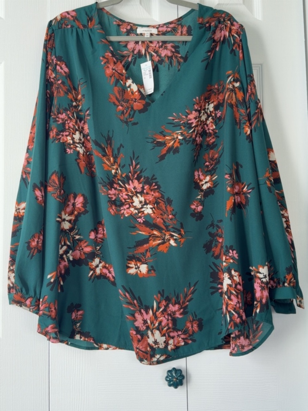 Maurices Teal Floral V-Neck Long Sleeve Blouse